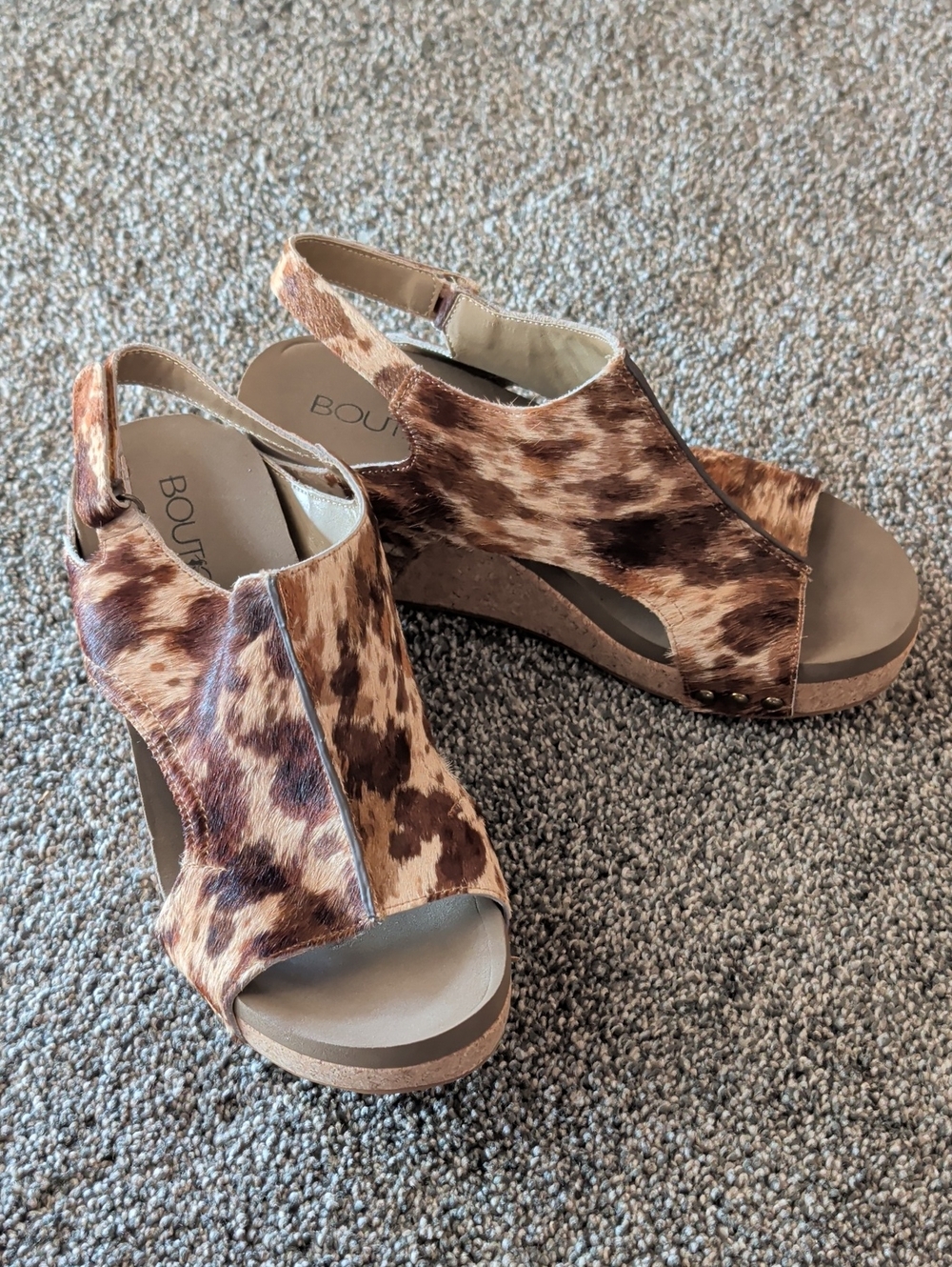 Boutique Brown Farm Cow Print Wedge Sandals with Slingback